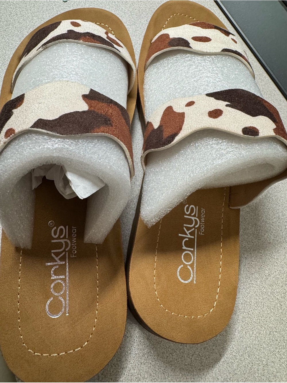 Conkys Women's Brown Camo Double-Strap Slide Sandals